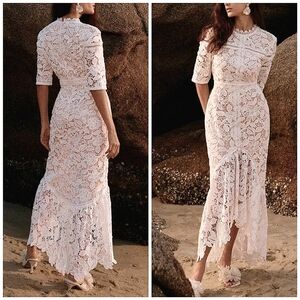 New Beautiful Embroidered Lace Overlay High Low Maxi Dress White Tan Cream